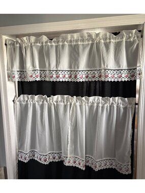 White Kitchen Curtains With Lace Apples Valance Set 30"x24" Panels 60"x14" Valan